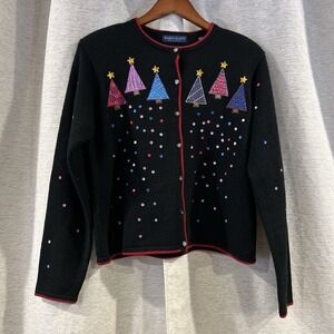 Vintage Karen Scott Embroidered Sequins Christmas Holiday Cardigan Petite Medium